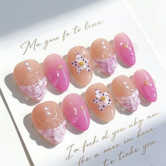 Whimsical Ocean Dream Short Almond Pink Ombre with Flower and Pearl Accents Press-On Nail Set