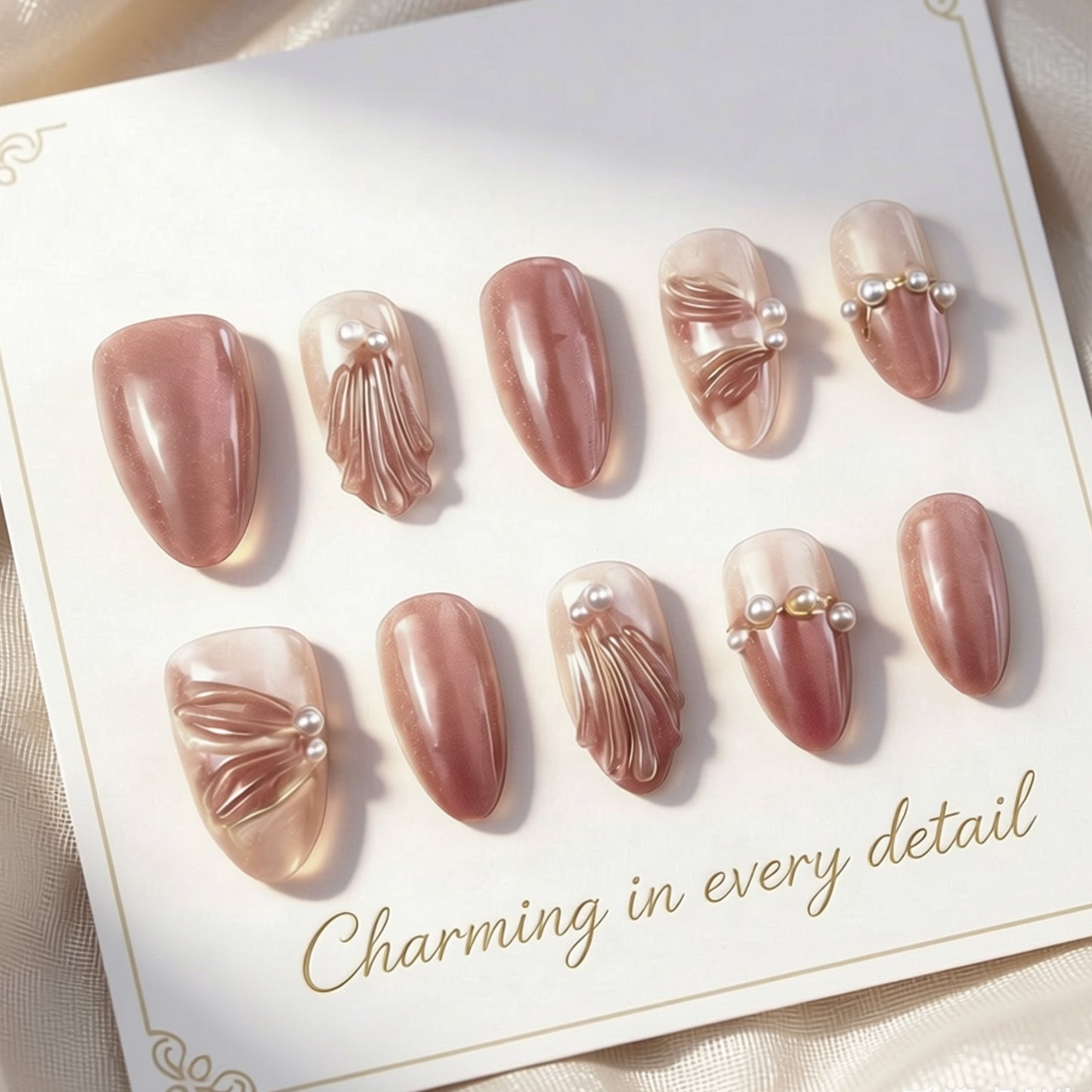 Elegant Dreams Medium Almond Shaped Mauve Press On Nail Set with Pearl Accents