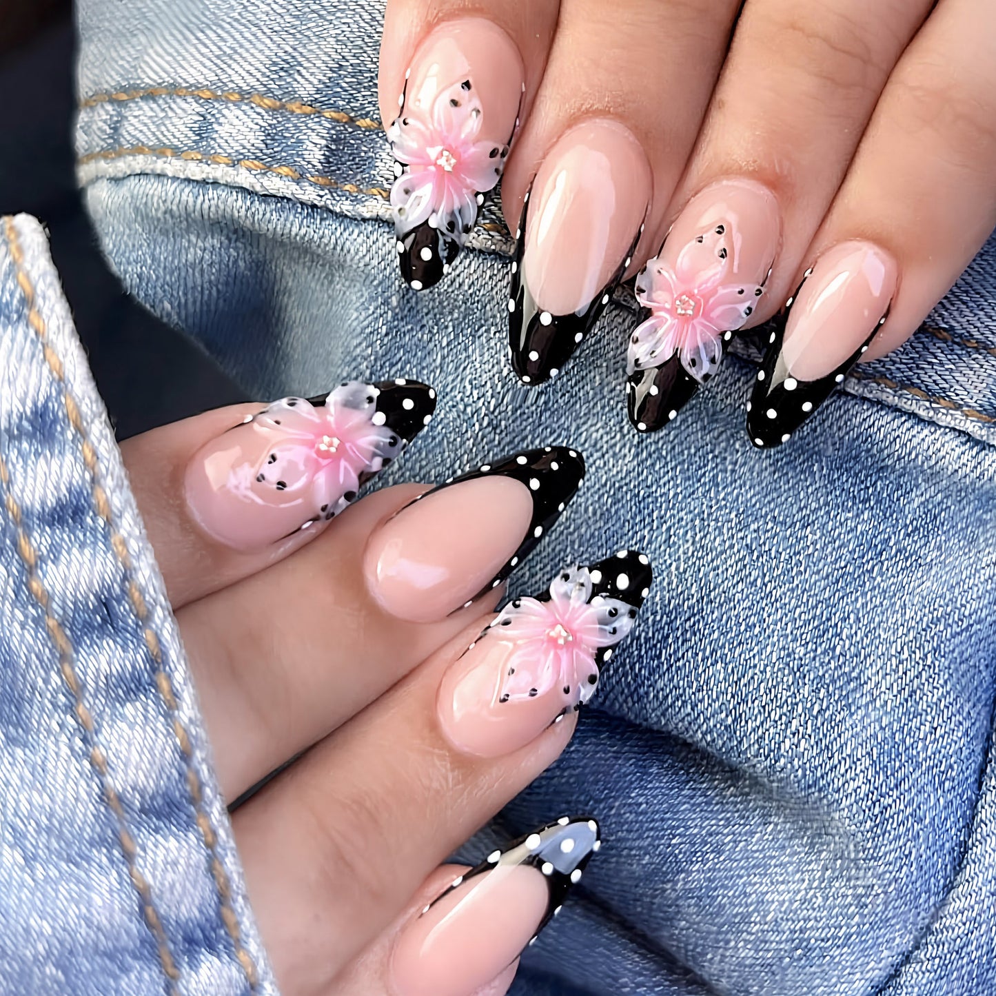 Blossom Wonderland Long Almond Black and Pink Floral Press On Nail Set