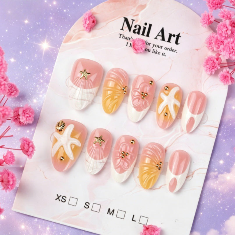 Whimsical Ocean Vibes Long Almond Pink with Gold Accents and Floral Design Press On Nail Set