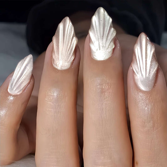 Tropical Oasis Long Almond Shaped Metallic Beige Press On Nail Set with Intricate Leaf Design