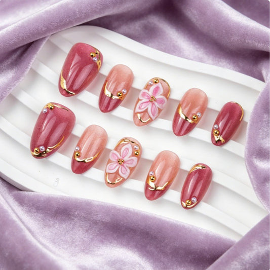 Blossom Elegance Long Almond Pink and Red Gradient with Floral Embellishments Press On Nail Set