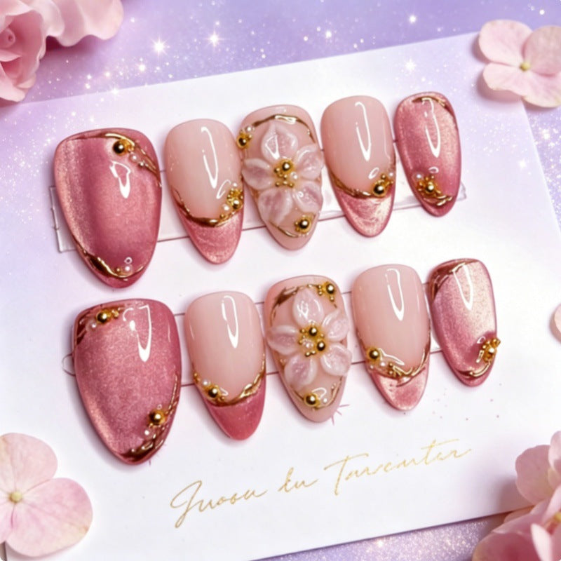 Blossom Elegance Long Almond Pink Set with Floral Accent and Gold Detailing
