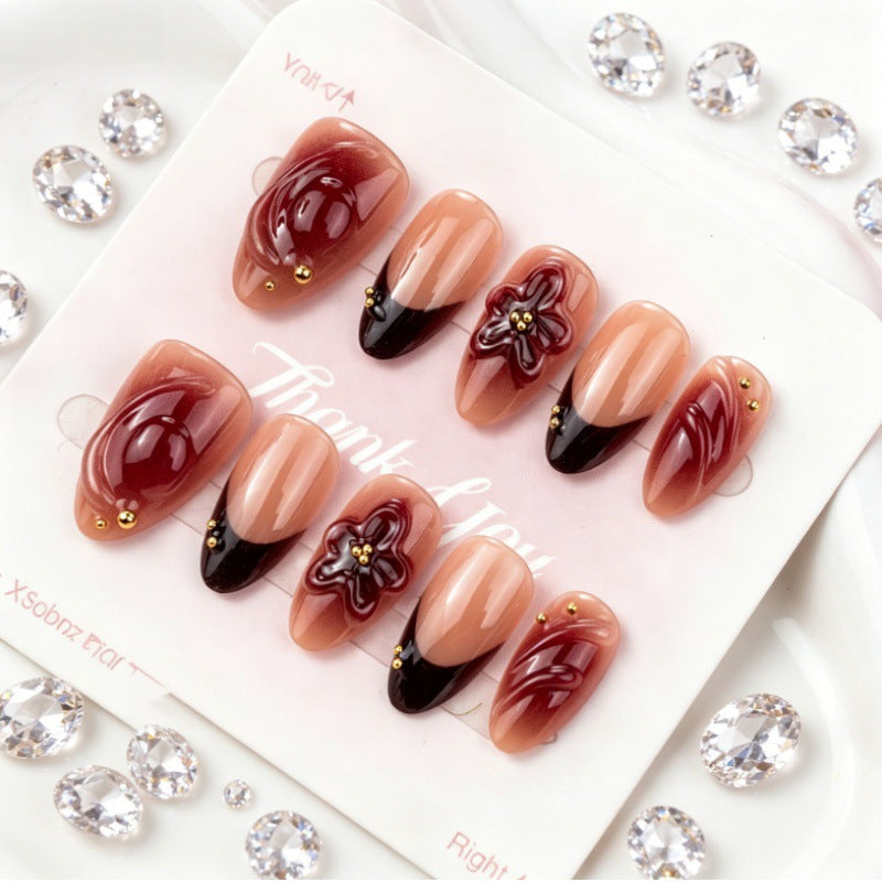 Elegant Romance Long Almond Shaped Ombre Almond Nails with Floral Accent and Gold Studs