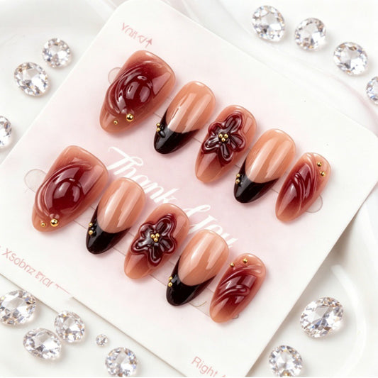 Elegant Romance Long Almond Shaped Ombre Almond Nails with Floral Accent and Gold Studs