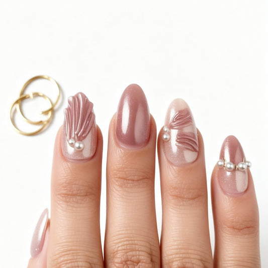 Whimsical Elegance Long Almond Blush with Pearl Accents and Leaf Design Press On Nail Set