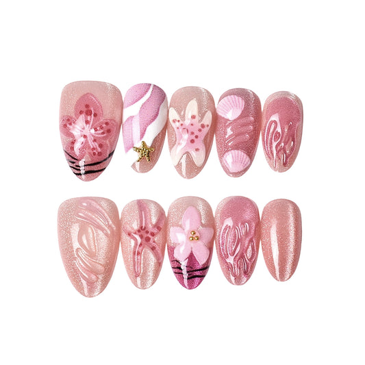 Ocean Breeze Delicate Long Almond Pink Press On Nail Set with Sparkling Floral Accents