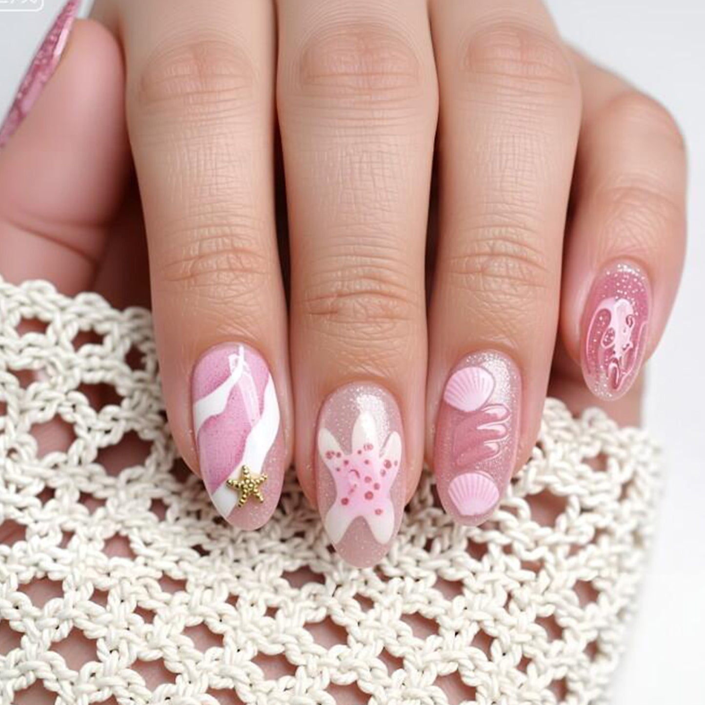 Seaside Dreams Long Almond Pink Press On Nail Set with Glitter and Starfish Accent