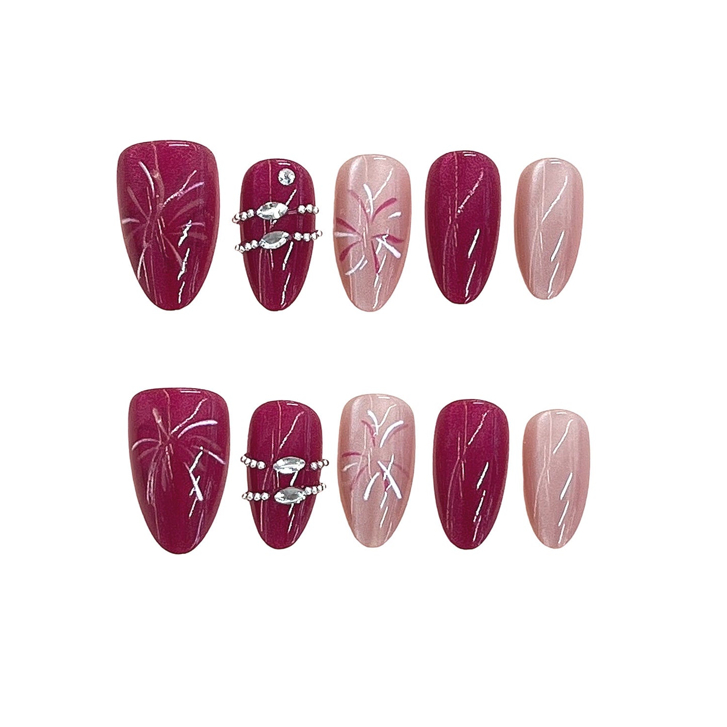 Glamorous Garden Shaped Long Almond Burgundy and Soft Pink Press on Nail Set with Intricate White Design and Stunning Gems