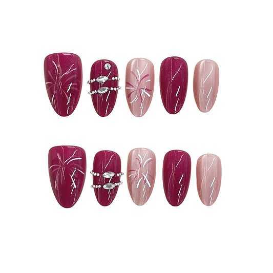 Glamorous Garden Shaped Long Almond Burgundy and Soft Pink Press on Nail Set with Intricate White Design and Stunning Gems