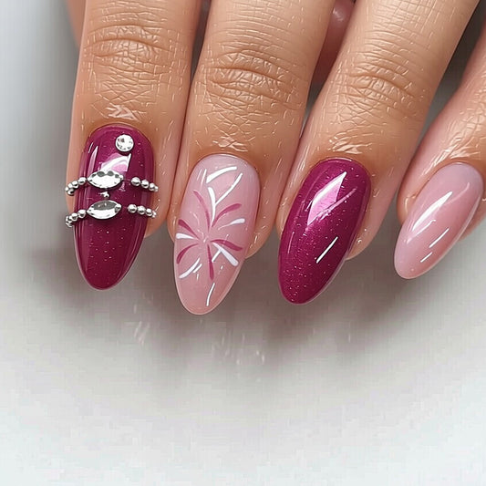 Enchanted Elegance Long Almond Deep Burgundy and Soft Pink Glitter with Delicate Rhinestone Accents Nail Set