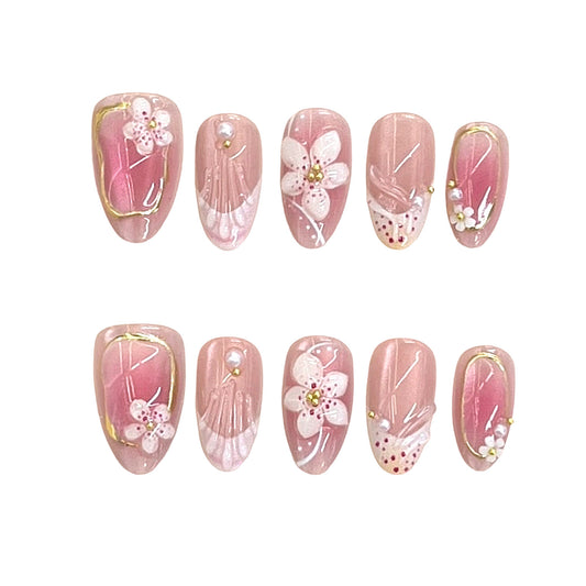 Blossom Garden Elegant Long Almond Pink Floral Press On Nail Set with Gold Accents