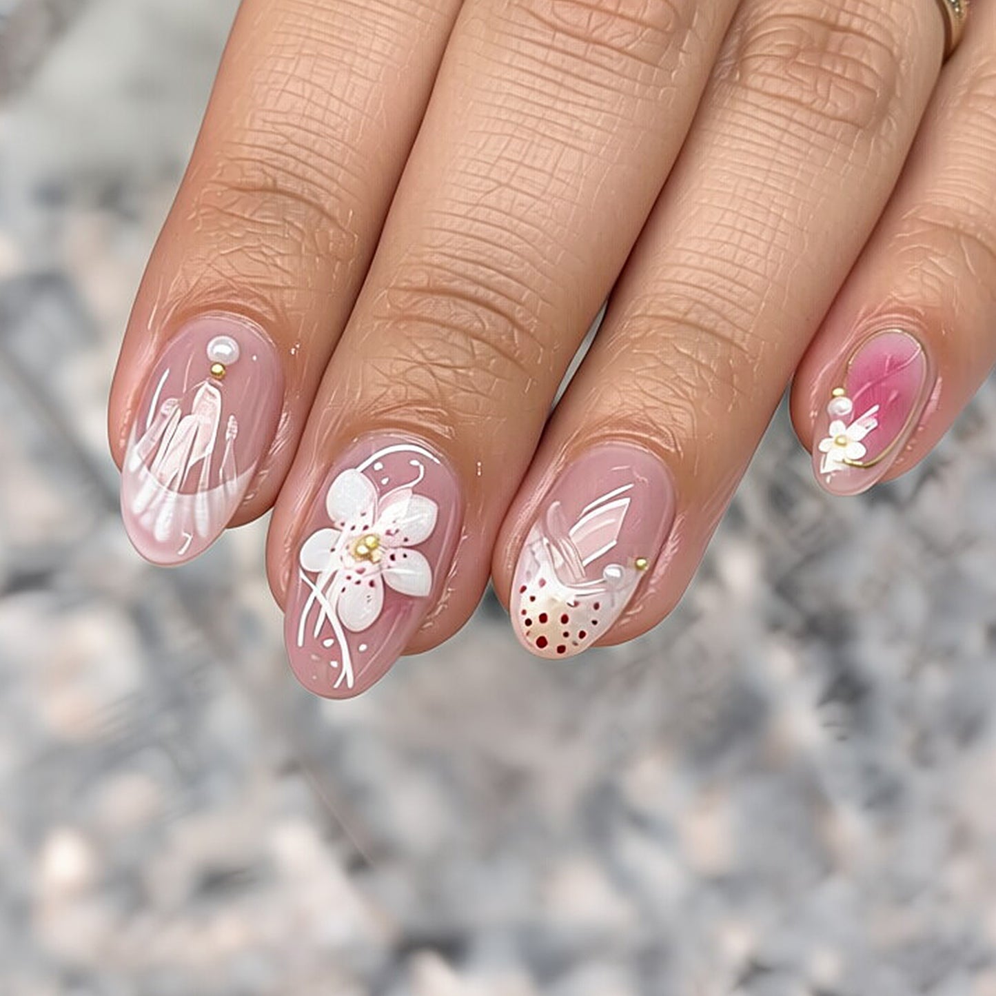 Blossom Elegance Medium Oval Pink With Floral Artistry Press On Nail Set