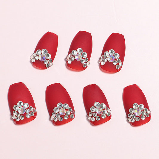 Glamorous Red Matte Coffin Press On Long Nail Set with Sparkling Rhinestone Accents