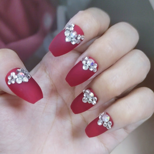 Elegant Romance Burgundy Coffin Shape Long Press On Nail Set with Glittering Floral Accents
