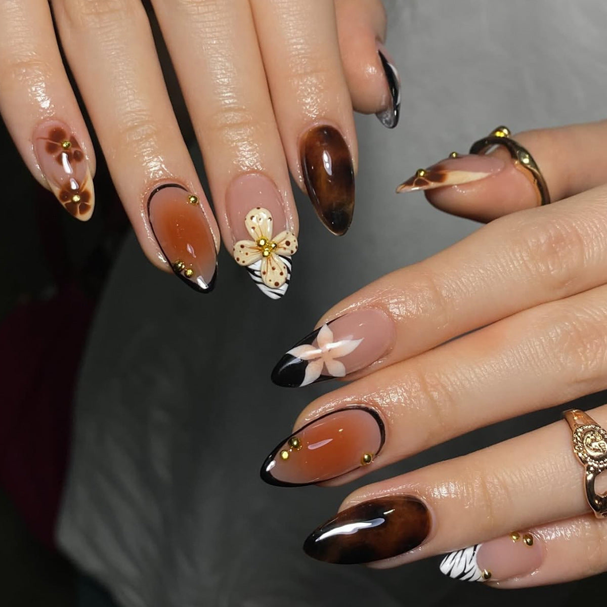 Enchanted Garden Medium Almond Brown and Black Ombre with Decorative Floral Accents Press-On Nail Set