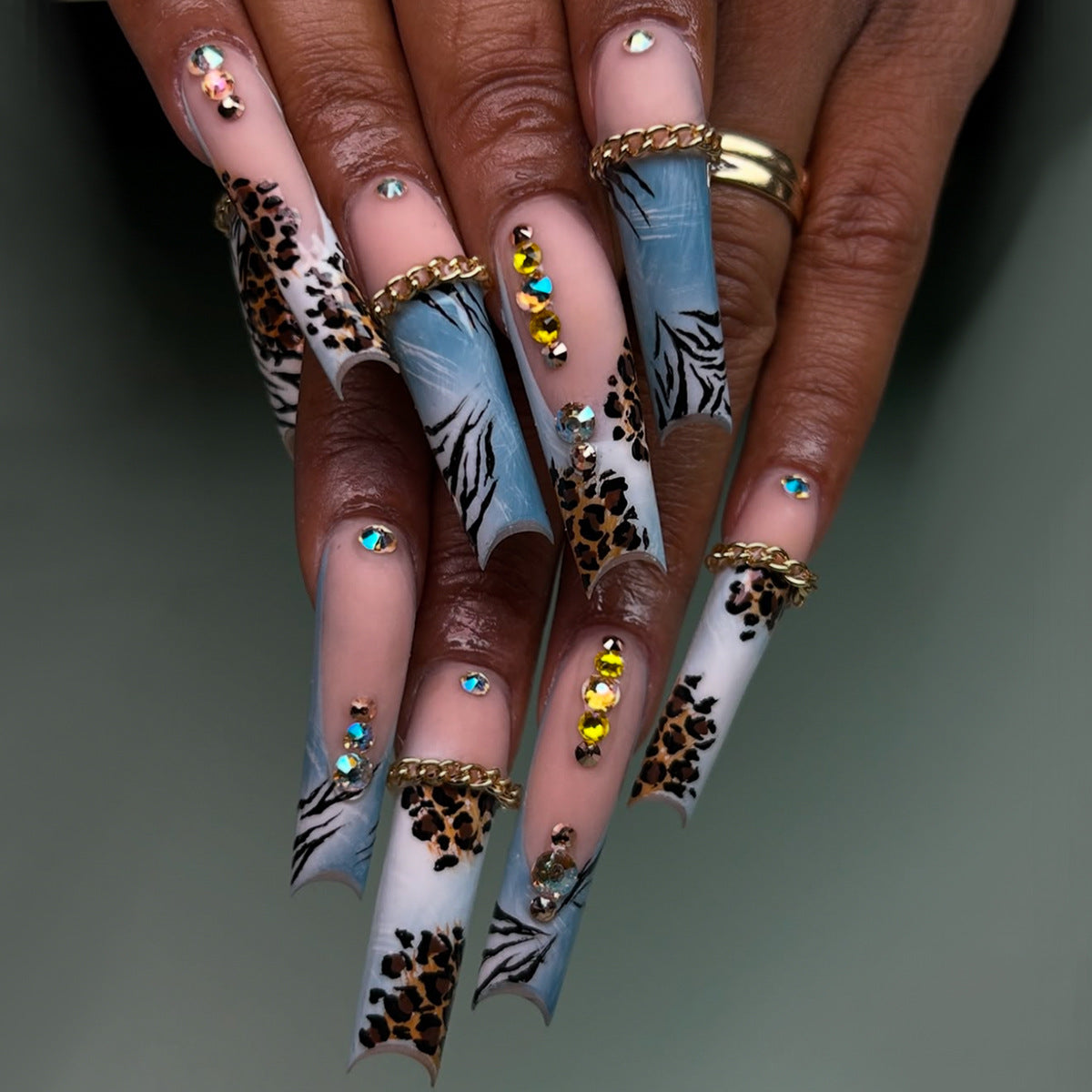 Savannah Chic Long Square Clear Blue and Leopard Print with Sparkling Gems Press On Nail Set