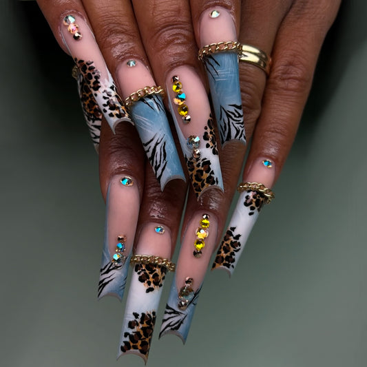 Savannah Chic Long Square Clear Blue and Leopard Print with Sparkling Gems Press On Nail Set