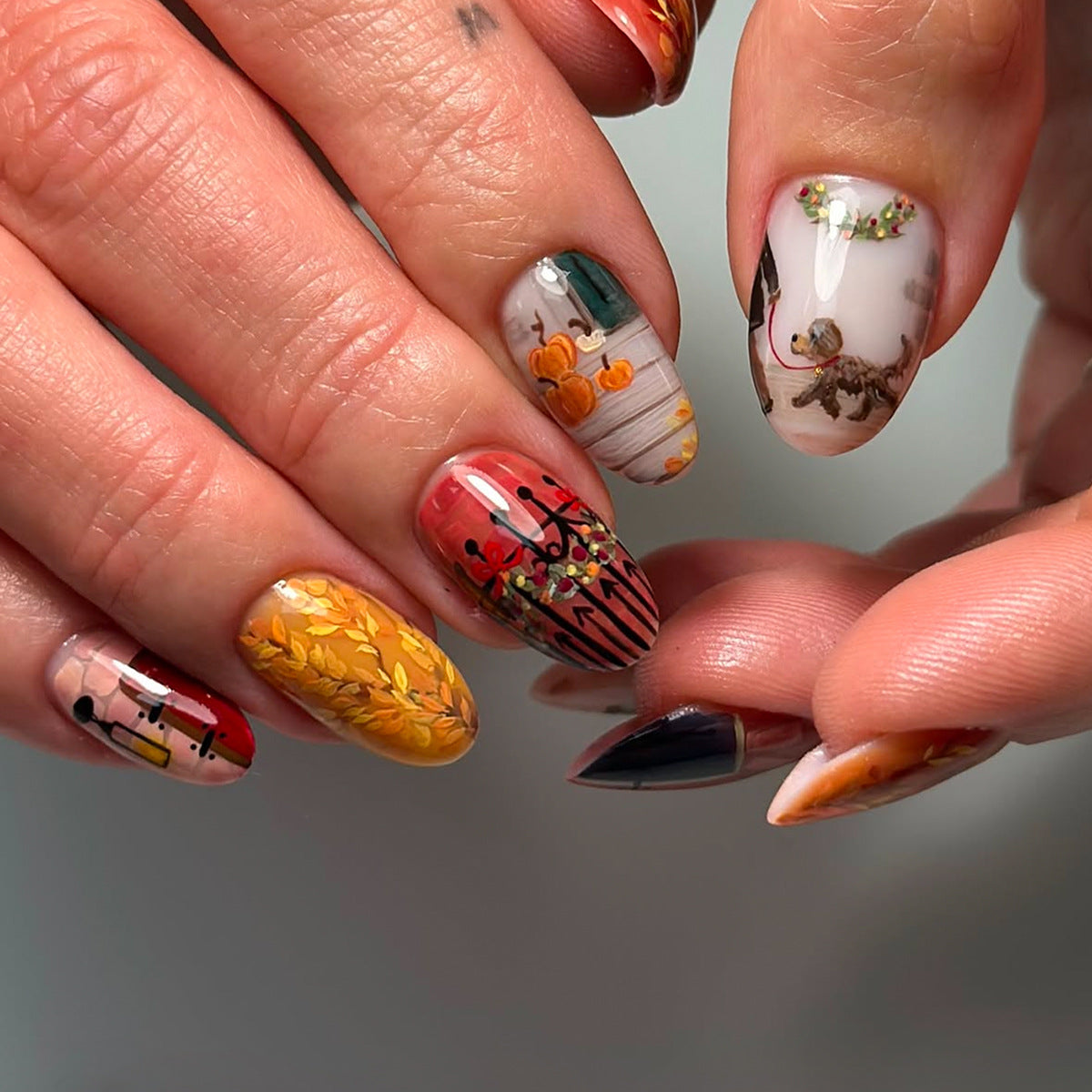 Autumn Vibes Medium Almond Colorful Artistry Press on Nail Set