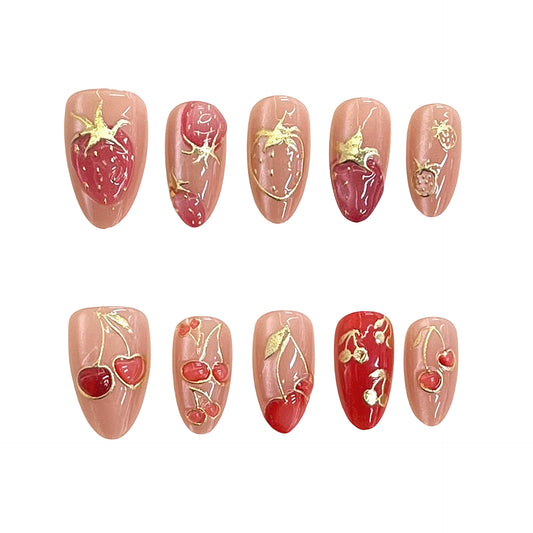 Berry Delightful Medium Almond Shaped Rosy Red and Pink Nail Set with Gold Floral Accents