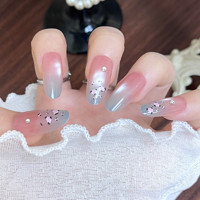 Charming Floral Fantasy Long Oval Gradient Gray Pink Press-on Nail Set with Elegant Rhinestone Accents