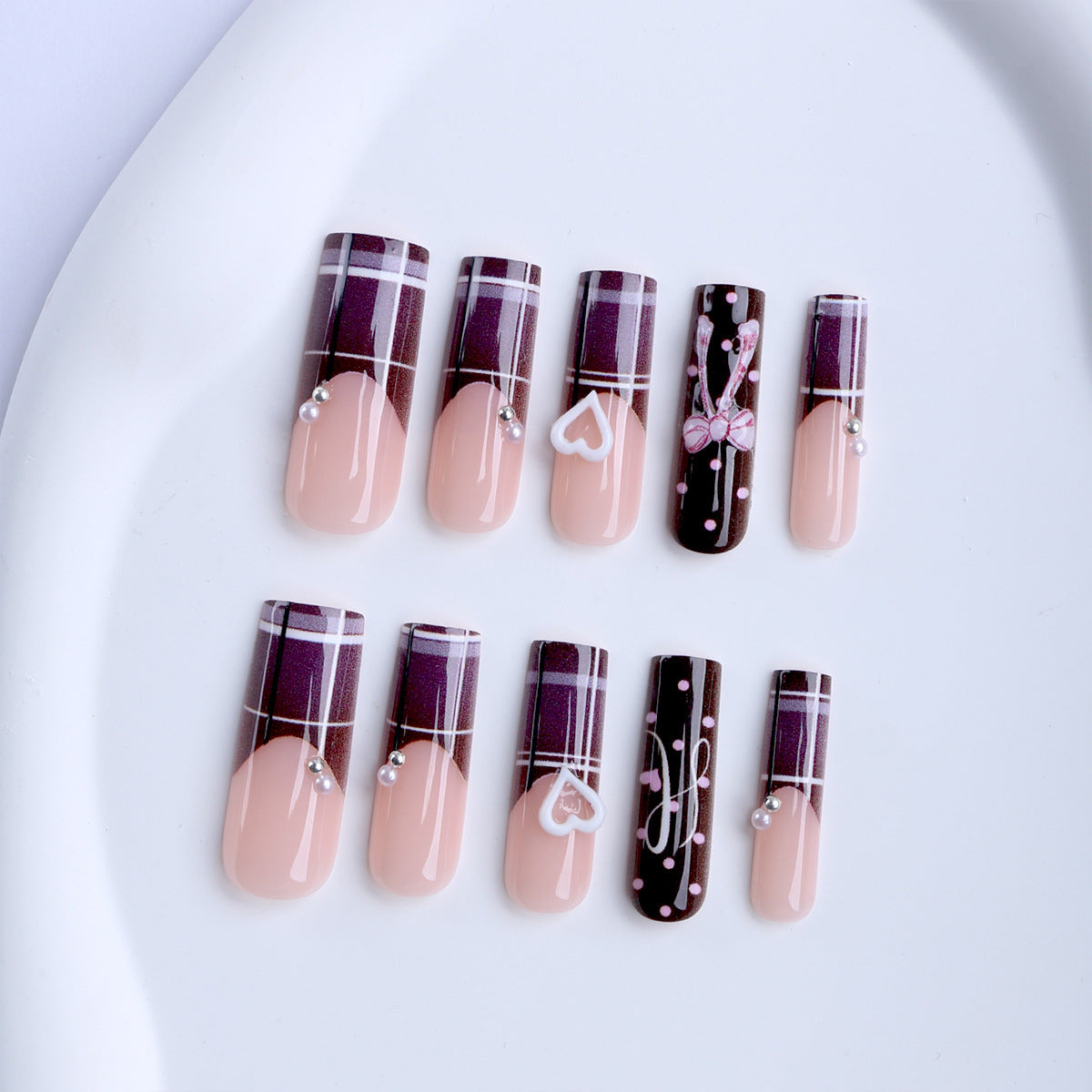 Chic Elegance Long Square Beige with Plaid and Pearl Accents Press On Nail Set
