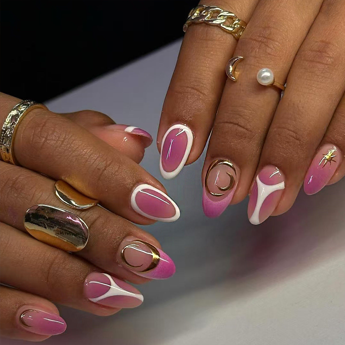 Celestial Romance Medium Almond Pink with Chic Gold Accents Press On Nail Set