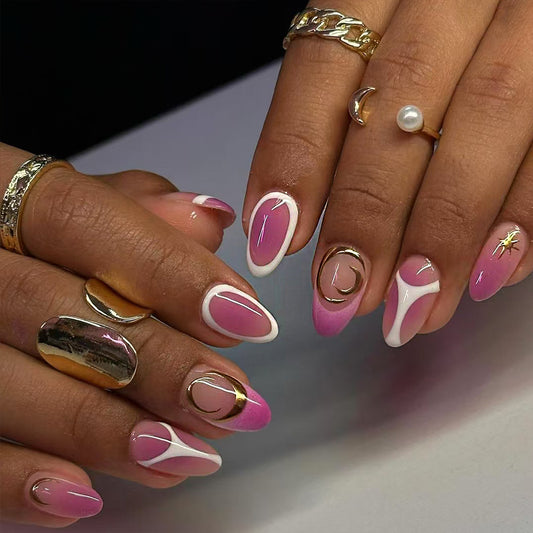 Celestial Romance Medium Almond Pink with Chic Gold Accents Press On Nail Set