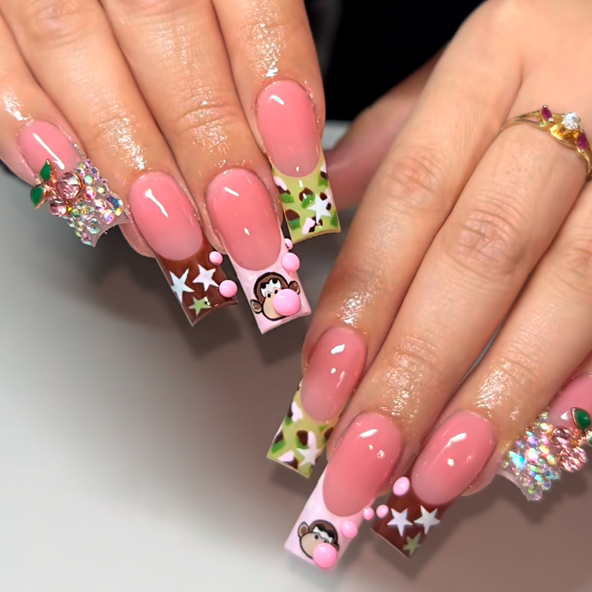 Whimsical Garden Long Square Pink Glittery Press On Nail Set