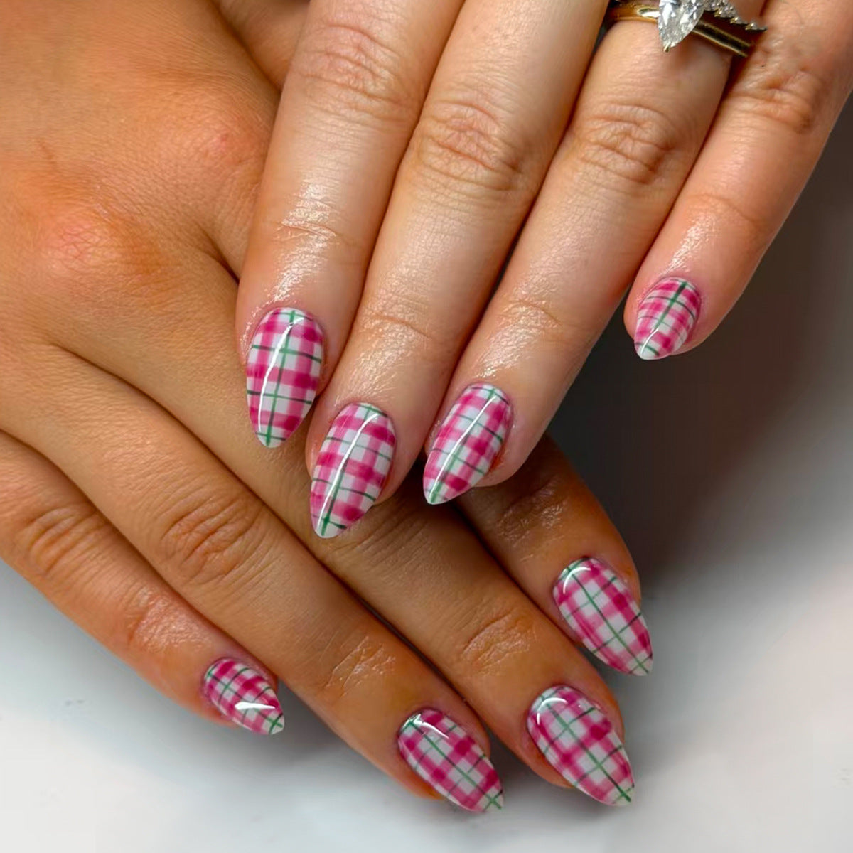 Charming Plaid Medium Almond Pink with Unique Checkered Design Press on Nail Set