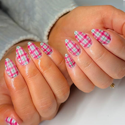 Chic Plaid Glamour Medium Almond Pink and Green Design Nail Press Set