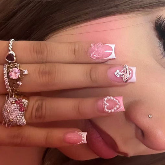 Glamorous Heartfelt Pink Short Square Press On Nail Set with Sparkling Rhinestone Floral Accents