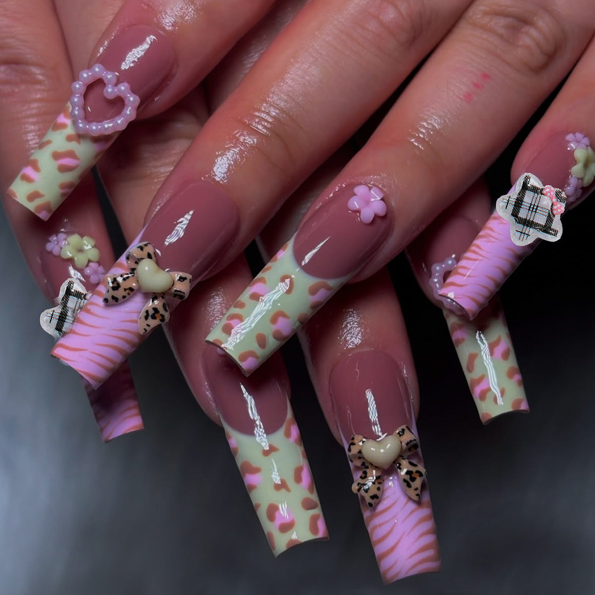 Charming Wildflower Long Square Pink Pastel Nail Set with Embellished Accents