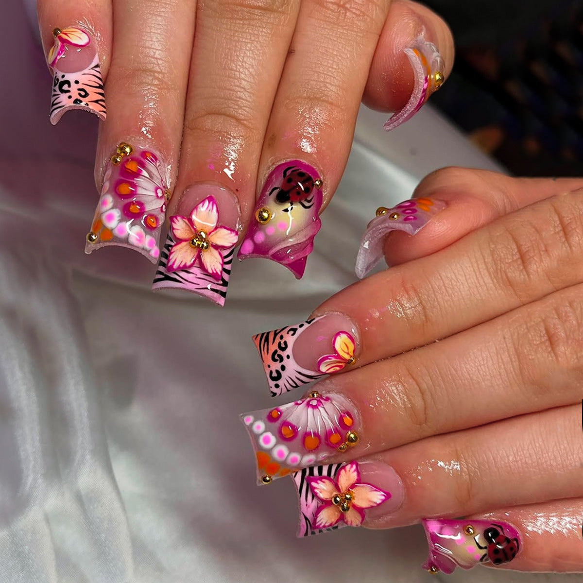 Whimsical Floral Long Duck Pink Press On Nail Set with Glitter Accents