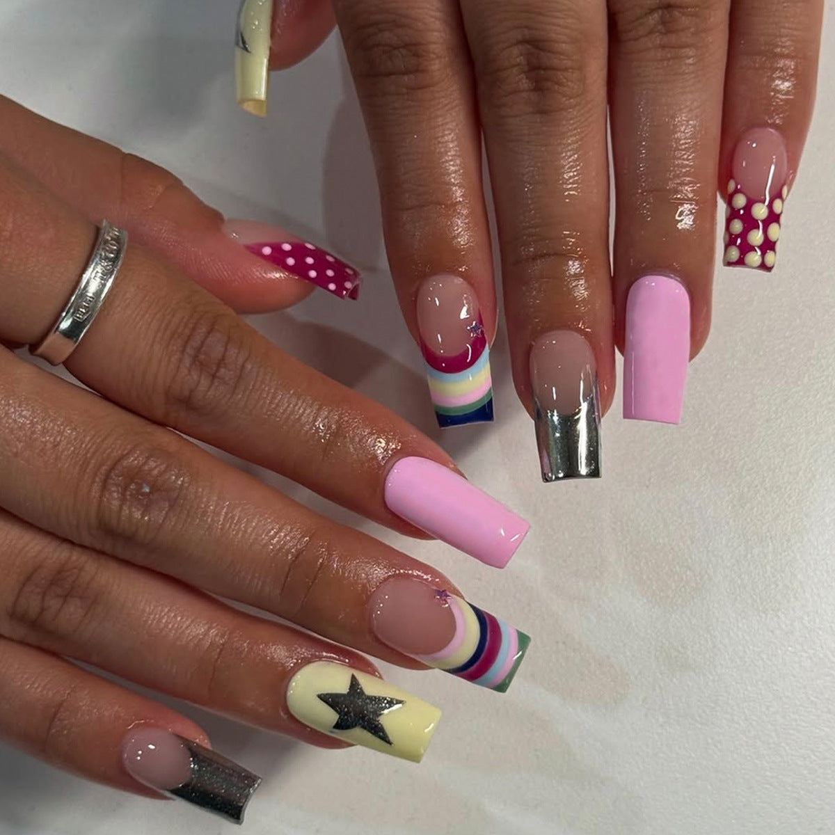 Whimsical Short Square Pink with Glitter Accent Press On Nail Set