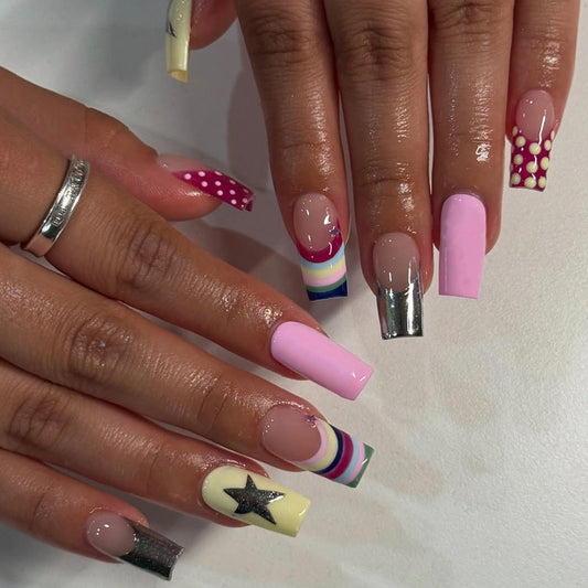 Whimsical Short Square Pink with Glitter Accent Press On Nail Set