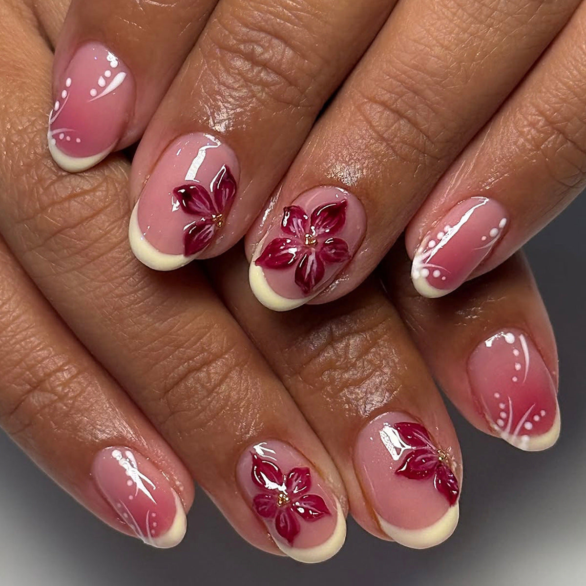 Floral Elegance Medium Oval Pink with Artistic Flower Design Press On Nail Set