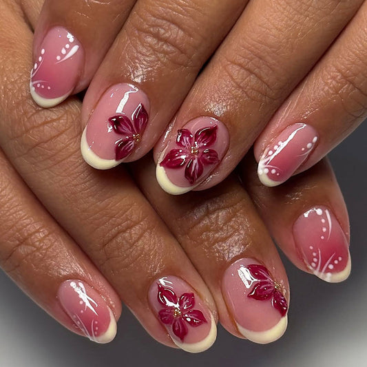 Floral Elegance Medium Oval Pink with Artistic Flower Design Press On Nail Set