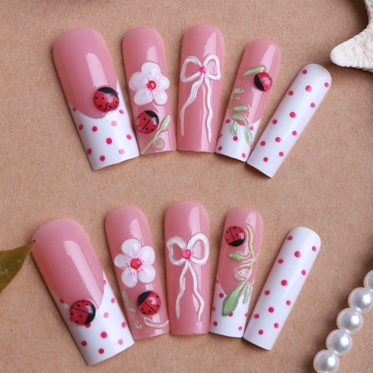 Ladybug Delight Long Square Pink with Floral and Polka Dot Design Press on Nail Set