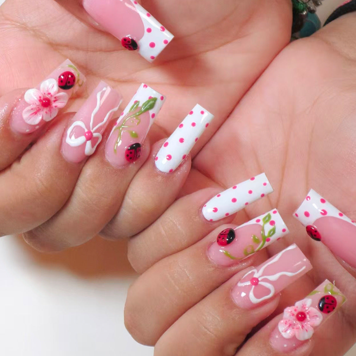 Ladybug Blossom Long Square Press On Nail Set with Hand-Painted Floral Design
