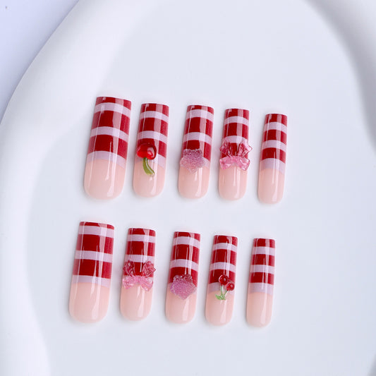 Summer Picnic Long Square Pink Plaid Design with Charming Cherry Accents