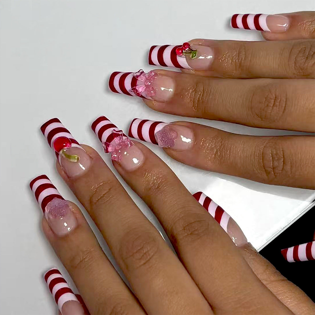 Candy Cane Delight Long Square Red and White Striped with Cherry Accents Press on Nail Set