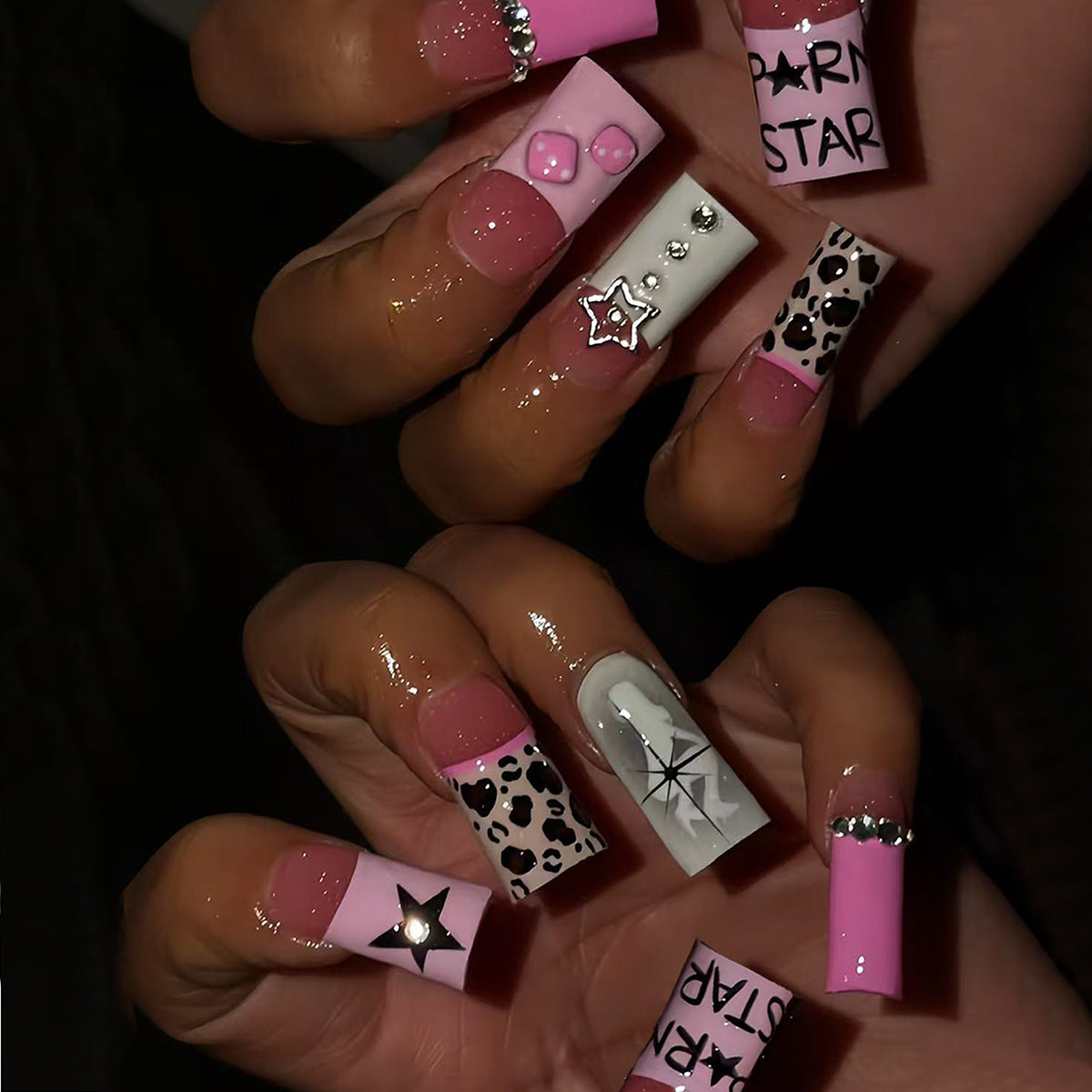 Starry Night Long Square Pink with Glittering Charm Press On Nail Set