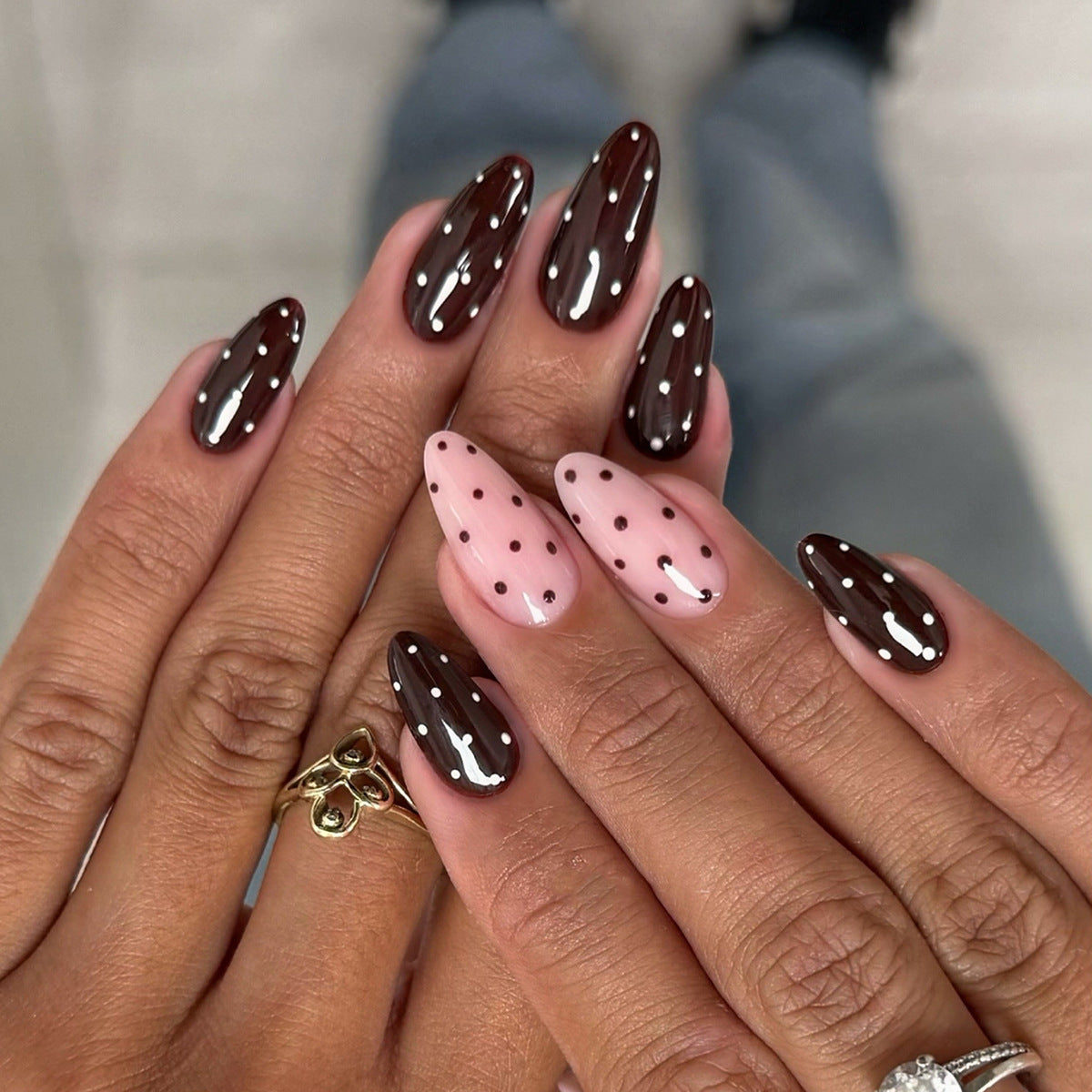 Chocolate Delight Medium Almond Press-On Nail Set with Whimsical Polka Dots