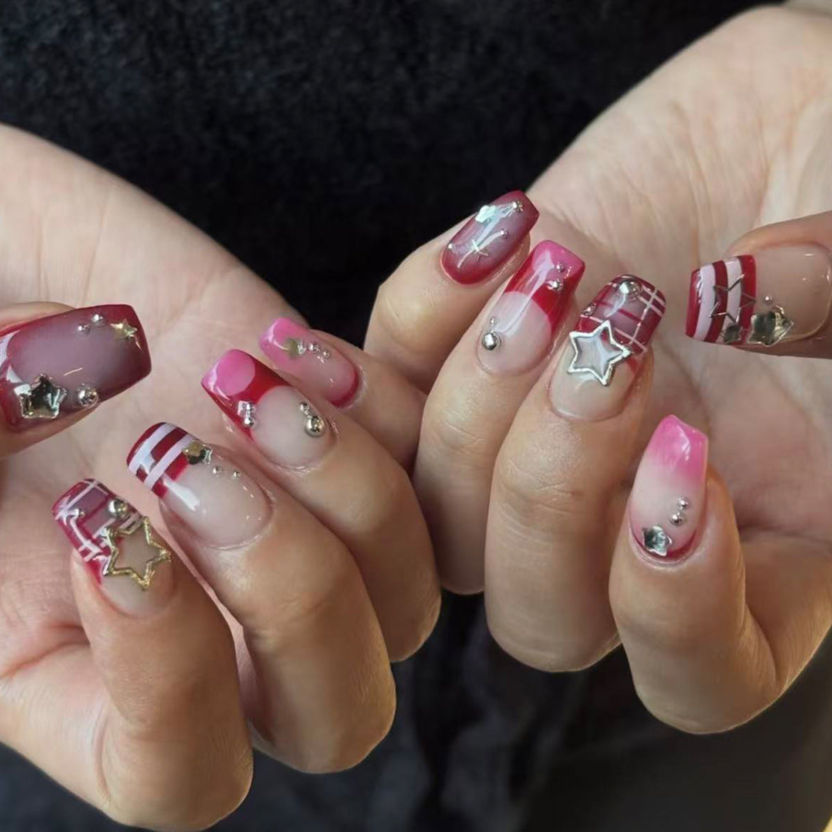 Celestial Glamour Medium Square Pink with Star and Gem Embellishments Press-On Nail Set
