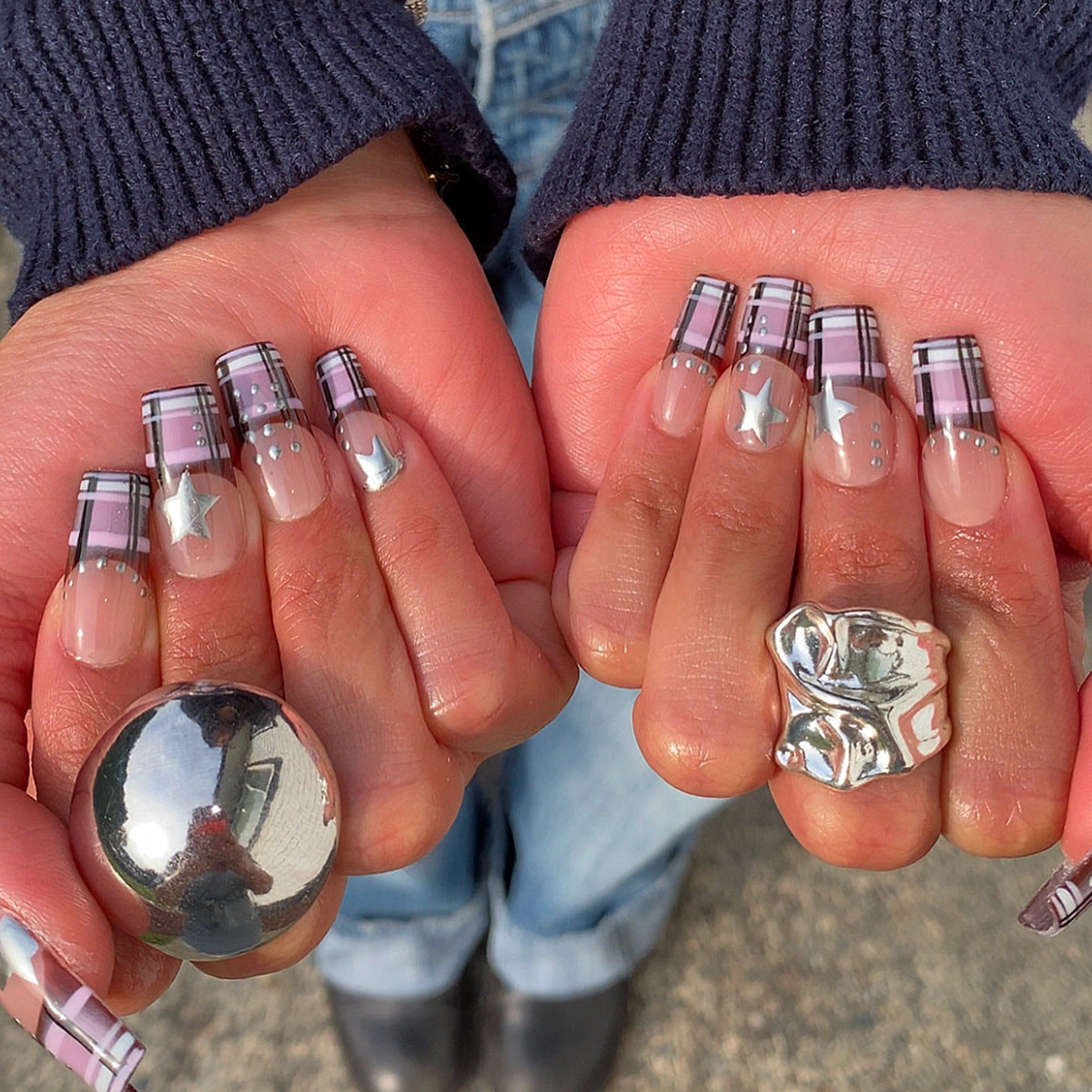 Chic Plaid Long Square Nails with Star Accents and Metallic Finish