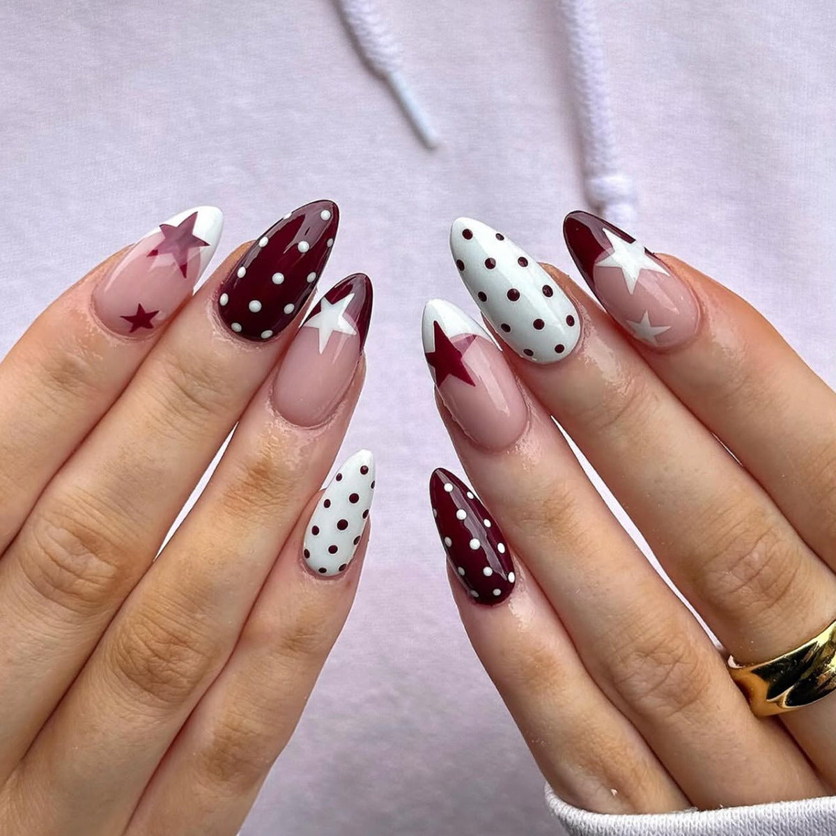 Celestial Glamour Medium Almond Burgundy and White with Star and Polka Dot Design
