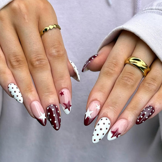 Cosmic Glamour Medium Almond Burgundy and White Starry Nail Press Set