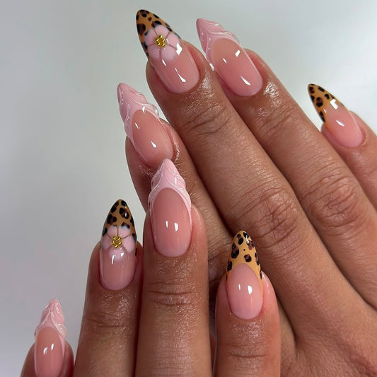 Luxury Safari Medium Almond Pink with Leopard Design and Floral Accent Press-On Nail Set