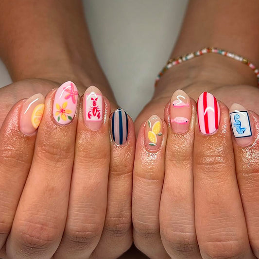 Tropical Vibes Medium Almond Multi-Colored Nail Set with Fun Floral Designs